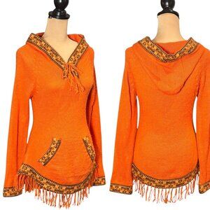 Vintage 100% Alpaca Hooded Sweater Sz.S Knit Orange Fringe Boho Aztec Western
